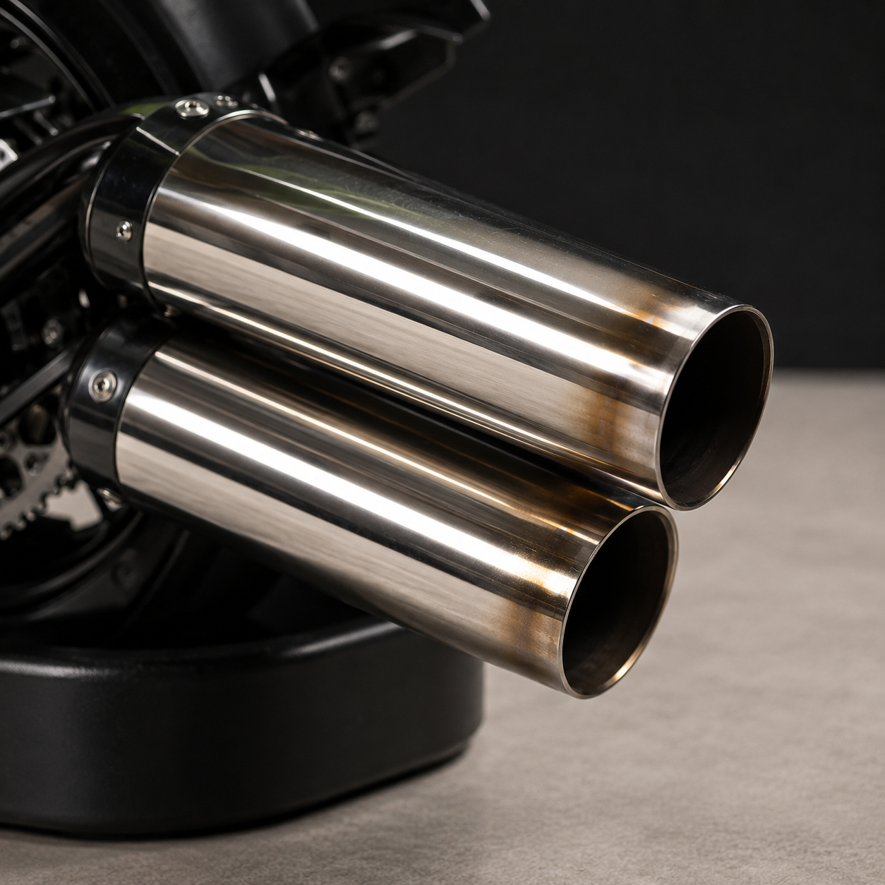 Close-up of the polished steel exhaust tips