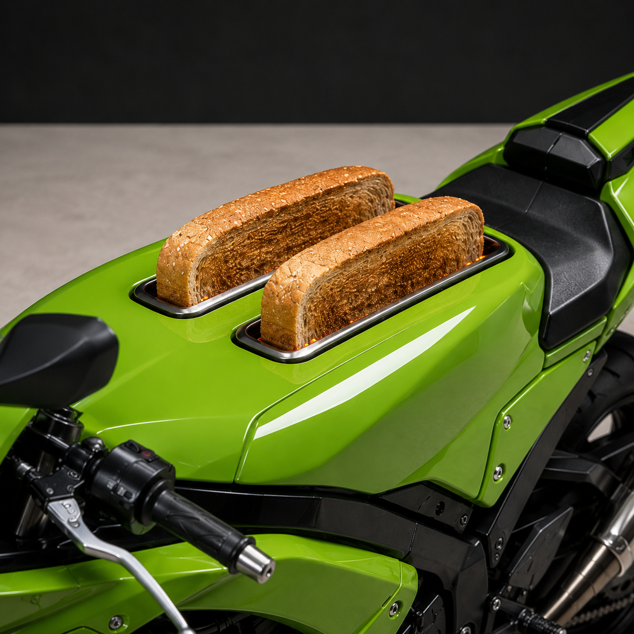 Two slices of toast standing in the two chrome-lined slots