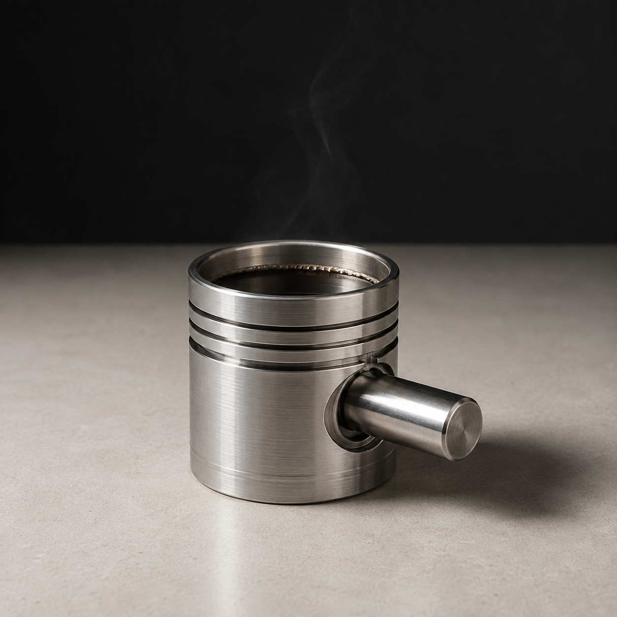 Stainless steel mug machined like an engine piston