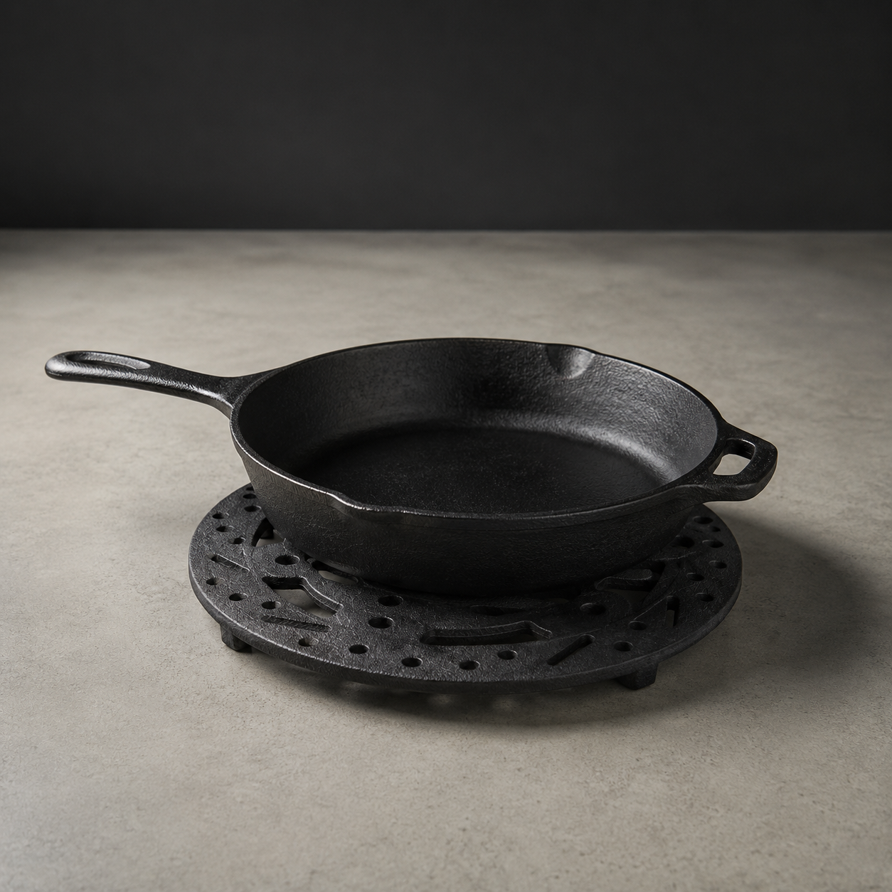Cast iron trivet shaped like a drilled brake disc, under a pan