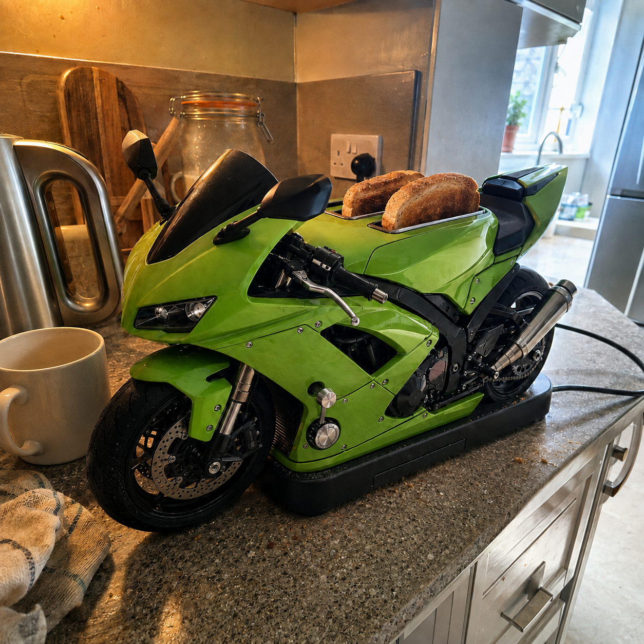 Customer photo: the toaster on a kitchen counter in the morning, toast up in the slots