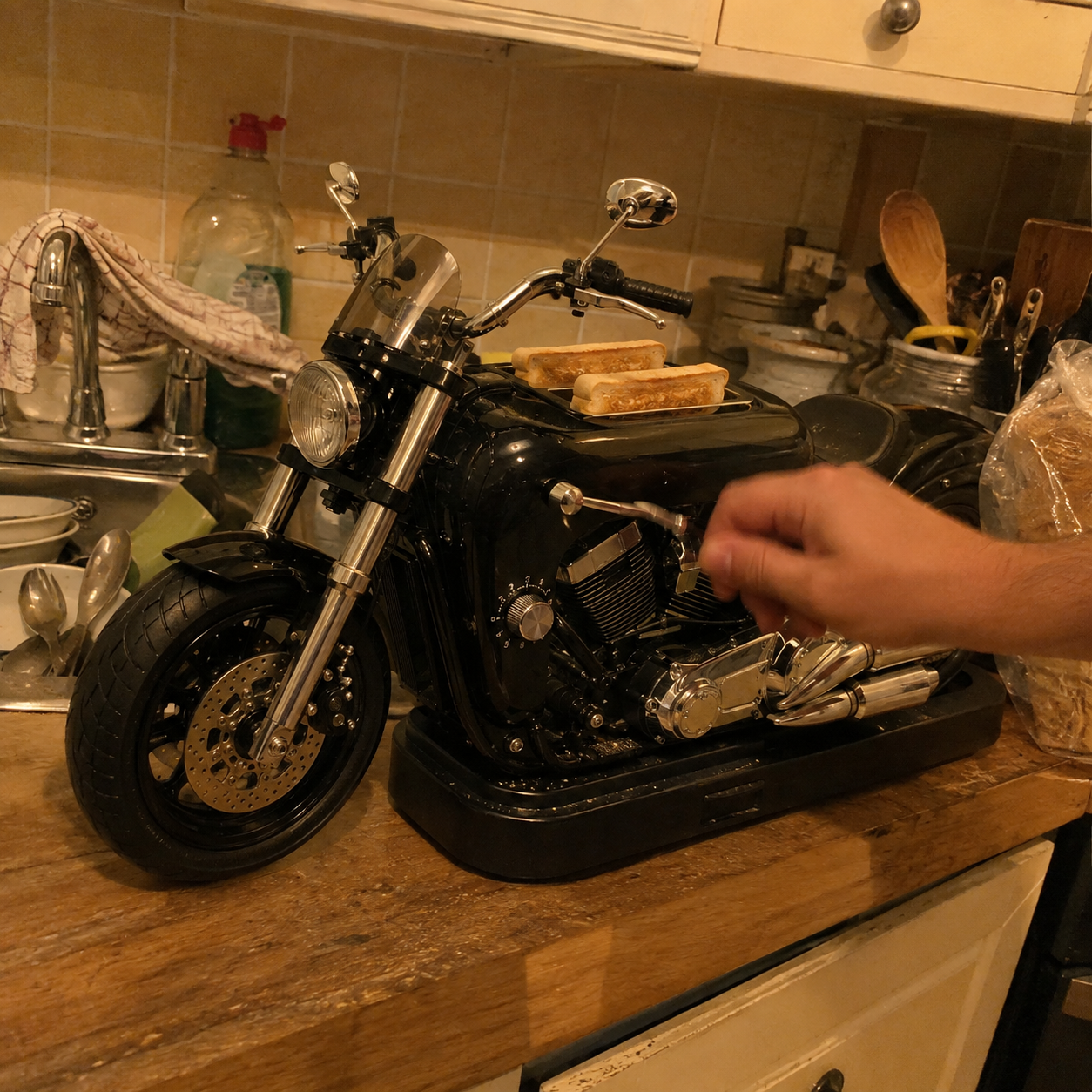 Customer photo: a hand pushing the lever down in a kitchen in the evening