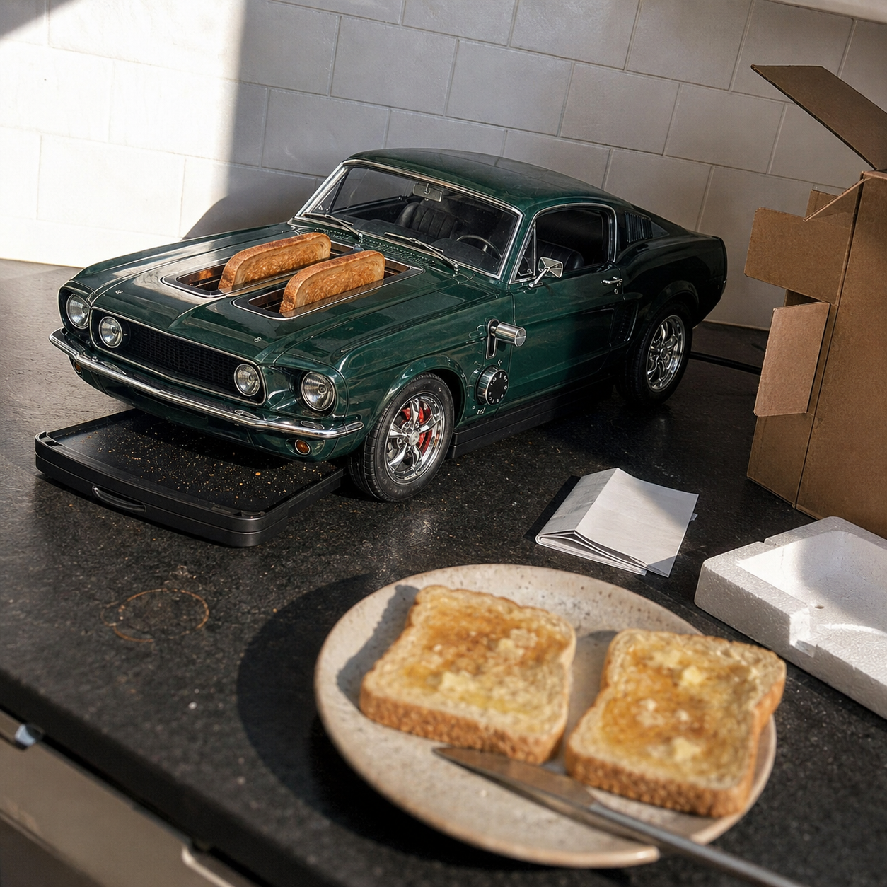 Customer photo: the toaster on the counter the day it arrived, box and manual still out